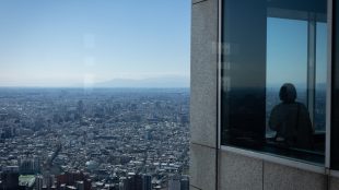 a person looking out a window at a city
